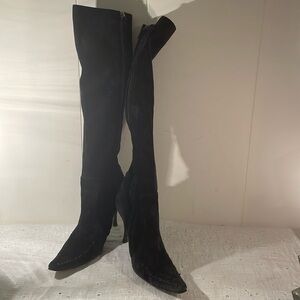 BOTTEGA VENETA Black Soft Suede Thin Heel Side Zippered Whip Stitch Tall Boots